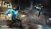 Miles Morales uses his webs to lift an enemy into the air.