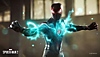 Miles stands in front of building. His suit charges with electricity.