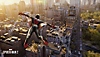Spider-Man flies through the city on his web wings.