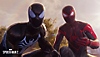 Peter Parker and Miles Morales stand in a park and look into the distance.